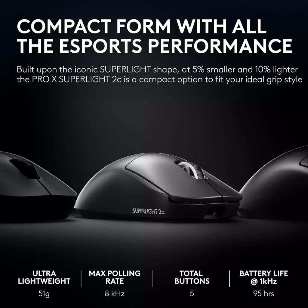 Logitech G PRO X Superlight 2c Wireless 51 g pro-Grade 44K DPI Sensor, up to 8 kHz Polling for PC/Mac – ( Black )