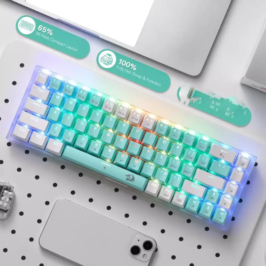 Redragon K631 CASTOR Mechanical Hot-Swappable Blue Clicky Switch ( White Mint )