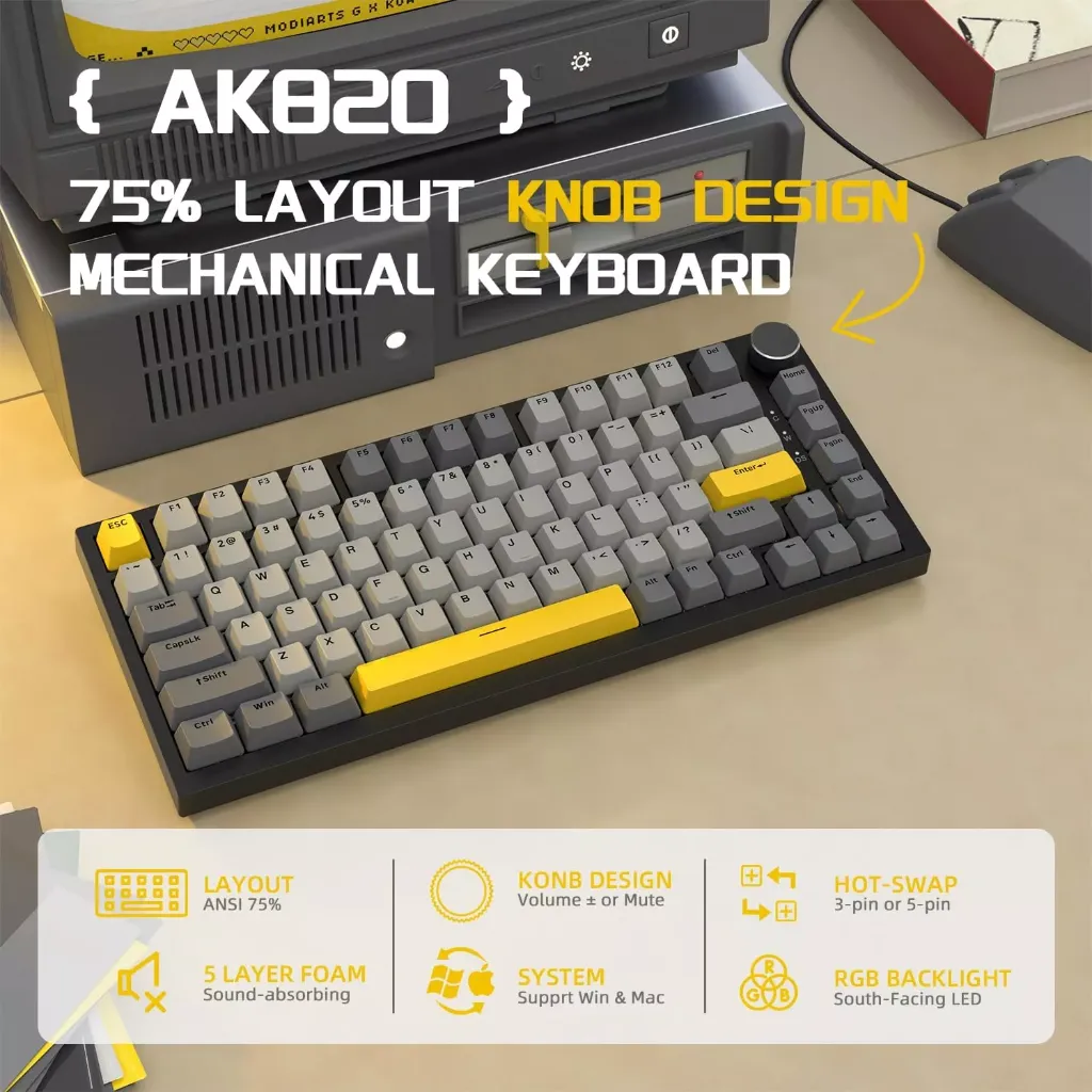 AJAZZ AK820 75% Wired Mechanical NKRO Linear Moon Switch ( Gray & Yellow )