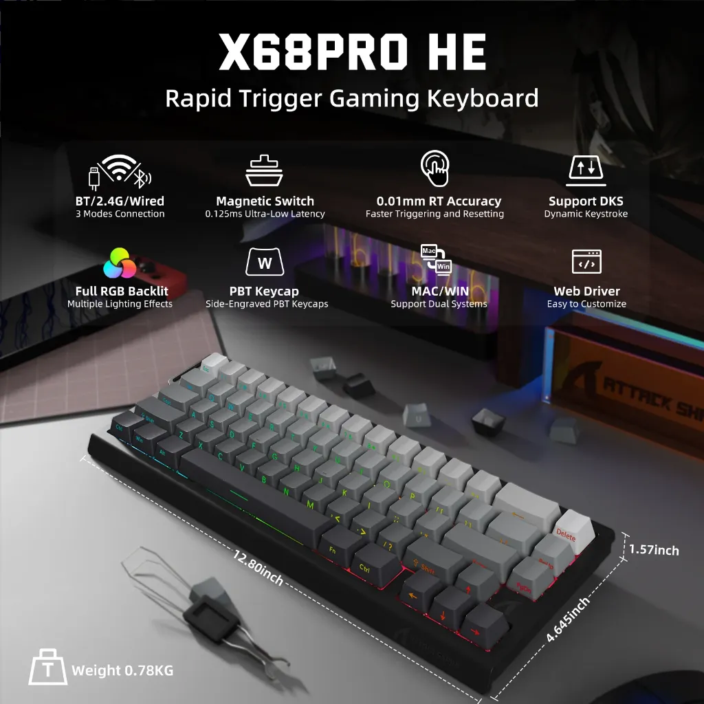 ATTACK SHARK X68PRO HE Wireless Magnetic Switch 60% 8KHz 0.01mm ( Gradient Black )