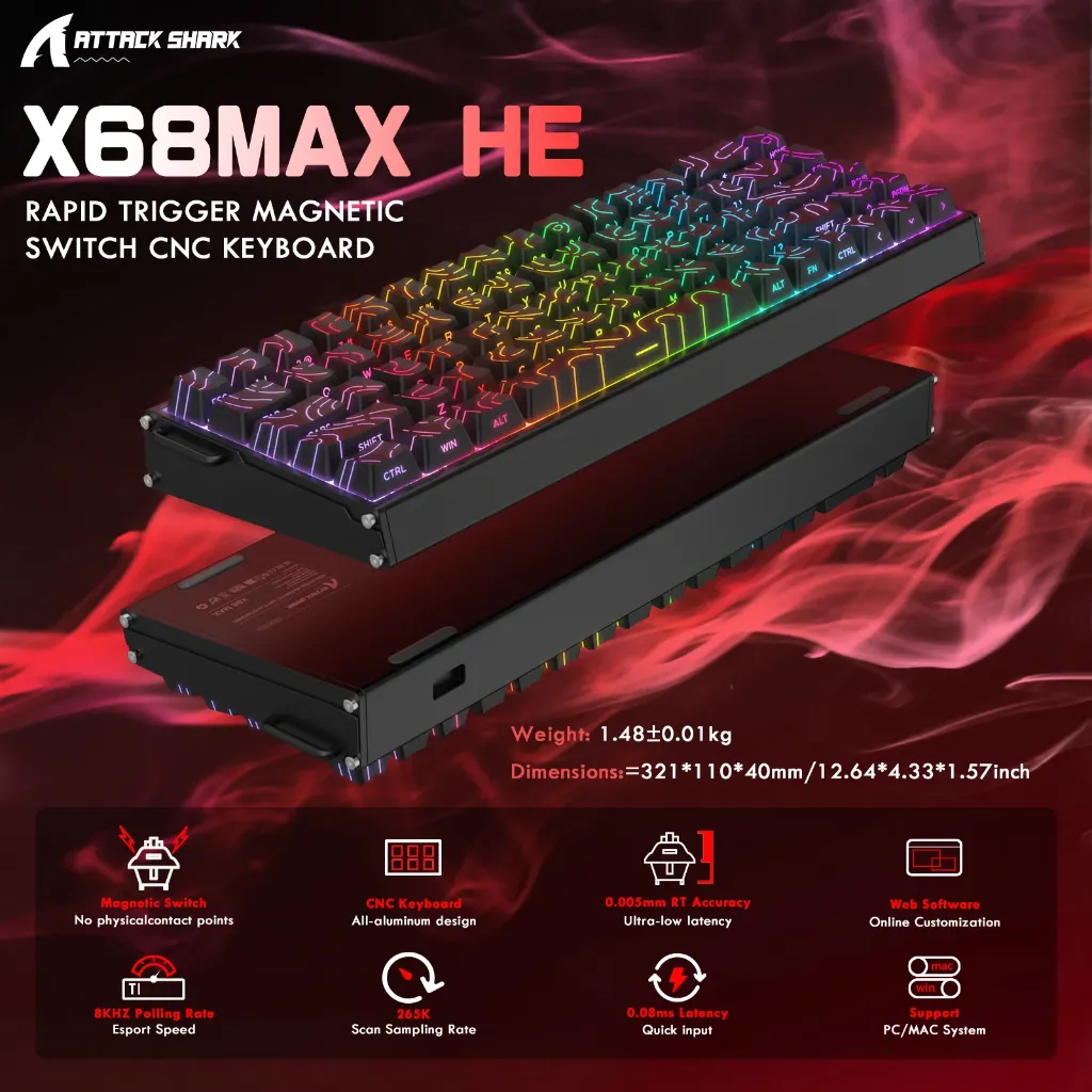 ATTACK SHARK X68MAX HE 60% Wired 8KHz CNC Aluminum Magnetic  0.005mm ( Black Contour )