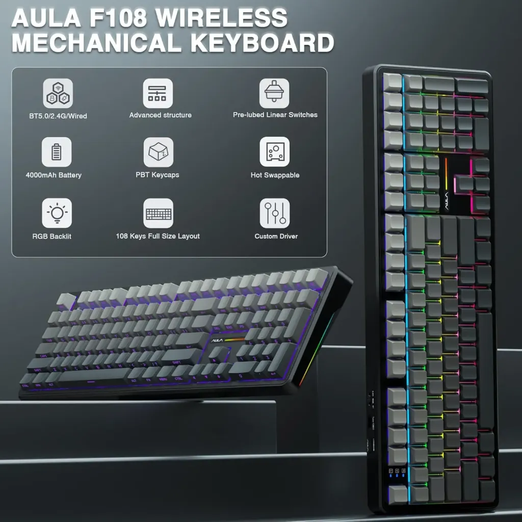 AULA F108 Pre-lubed Switches Creamy Sounding ( Gray Black )