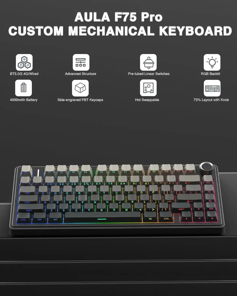 AULA F75 75% Swappable Wireless Keyboard ( Gray Black )