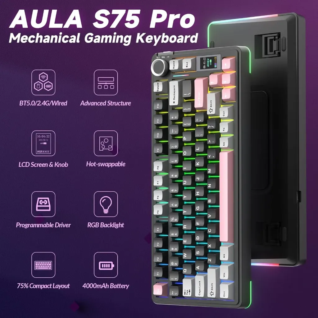 AULA S75 PRO 75% With Screen Pre-lubed Switches ( Black Gray Pink )