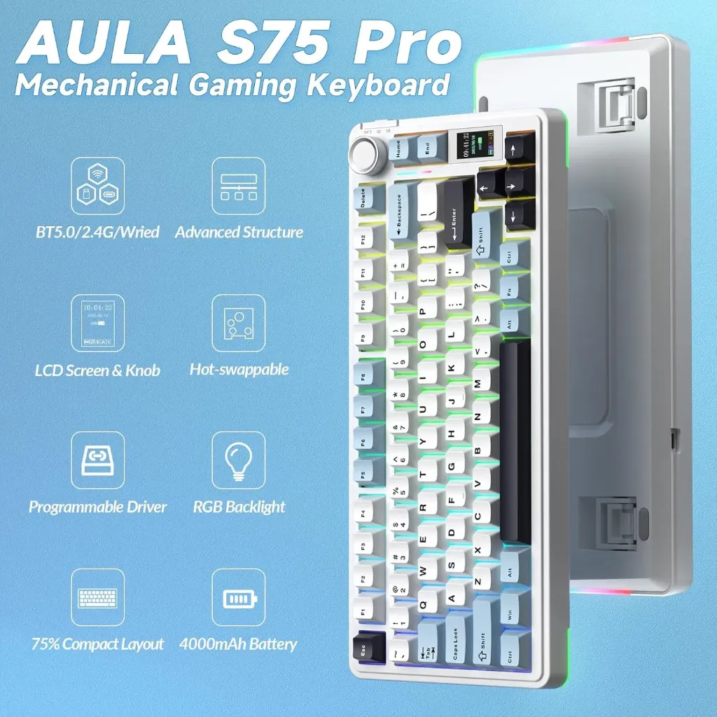 AULA S75 PRO 75% With Screen Pre-lubed Switches ( White Black )