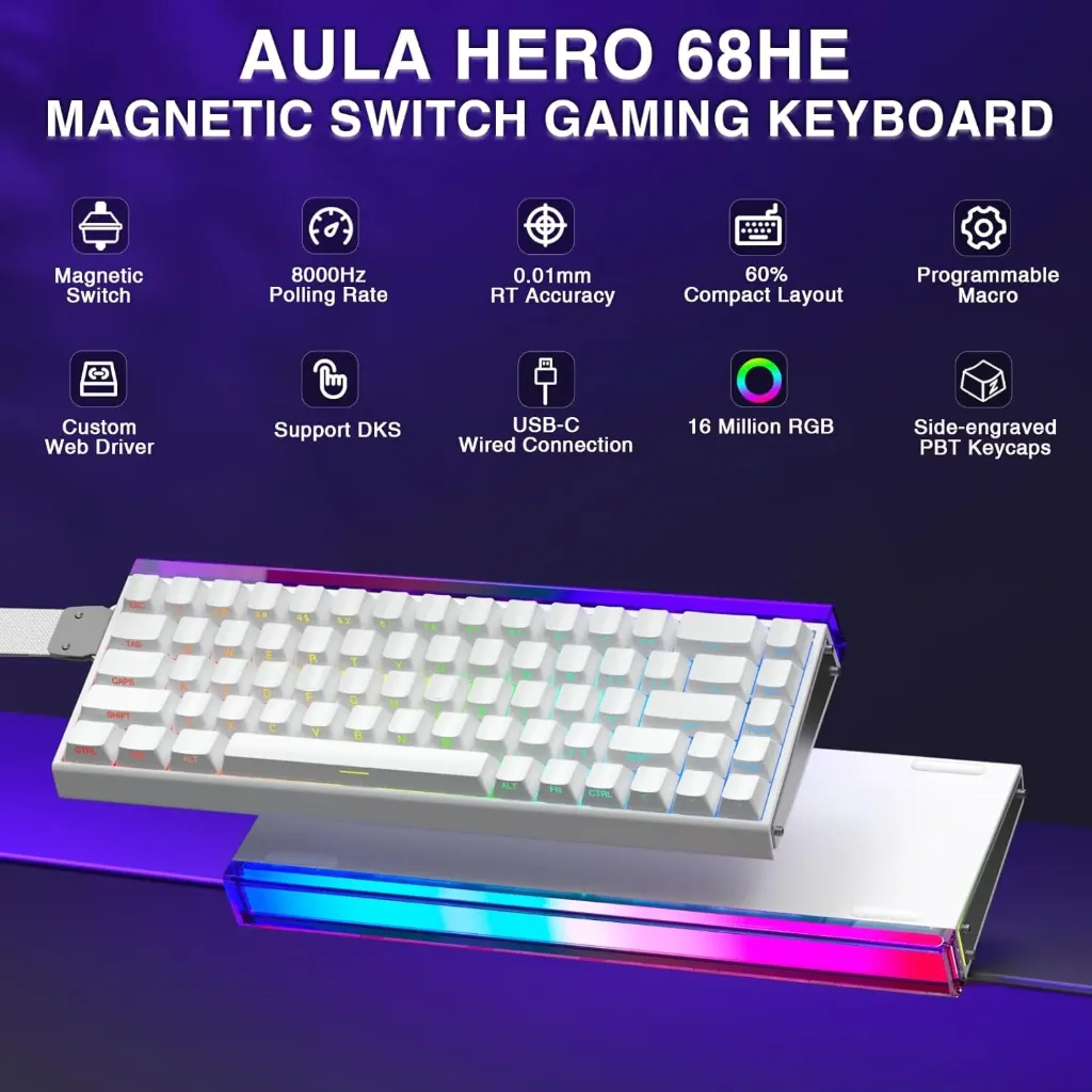 AULA Hero 68 HE 60%  Hall Effect Magnetic Switch 8K Hz Polling Rate 0.125ms ( White )