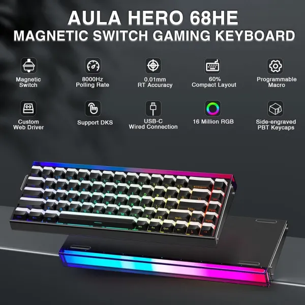 AULA Hero 68 HE 60% Hall Effect Magnetic Switch 8K Hz Polling Rate, 0.125ms ( Black )